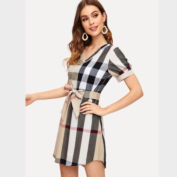 Plaid Belted Shirt Dress Short V-Neck Nude Black - Picture 2 of 8